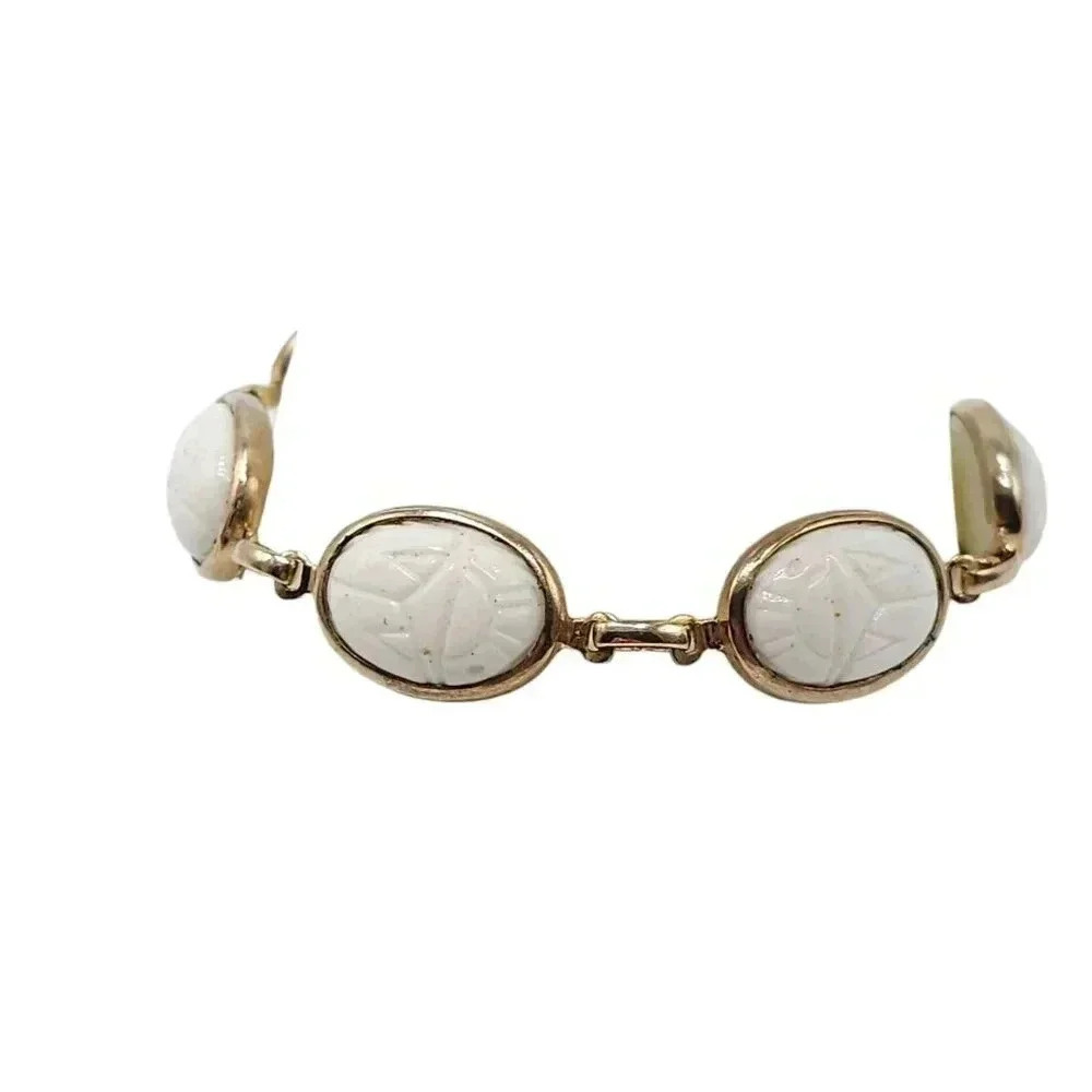 White Milk Glass Scarab Link Bangle Bracelet Fold Over Clasp Gold Tone Vintage